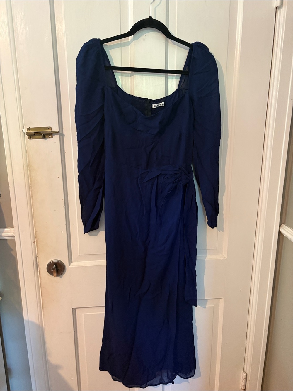 Reformation Navy Blue Maxi Dress with long sleeves side slit and side bow